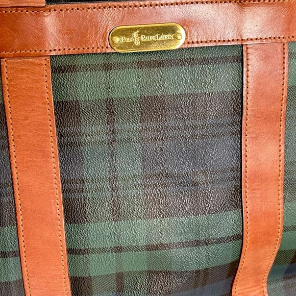 MRALPH LAUREN Black Watch Plaid Coated Canvas Brown
Leather Top Zip Shoulder Bag - Picture 14 of 16